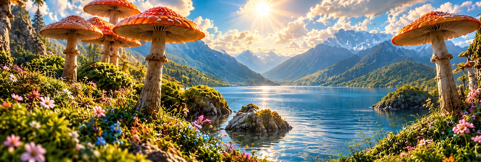 Lake and mountains at sunrise with giant mushrooms